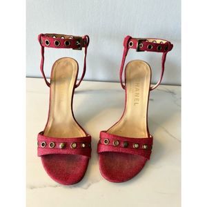 CHANEL Ankle Strap Red Denim SANDAL  SIZE 37.5/ 7.5